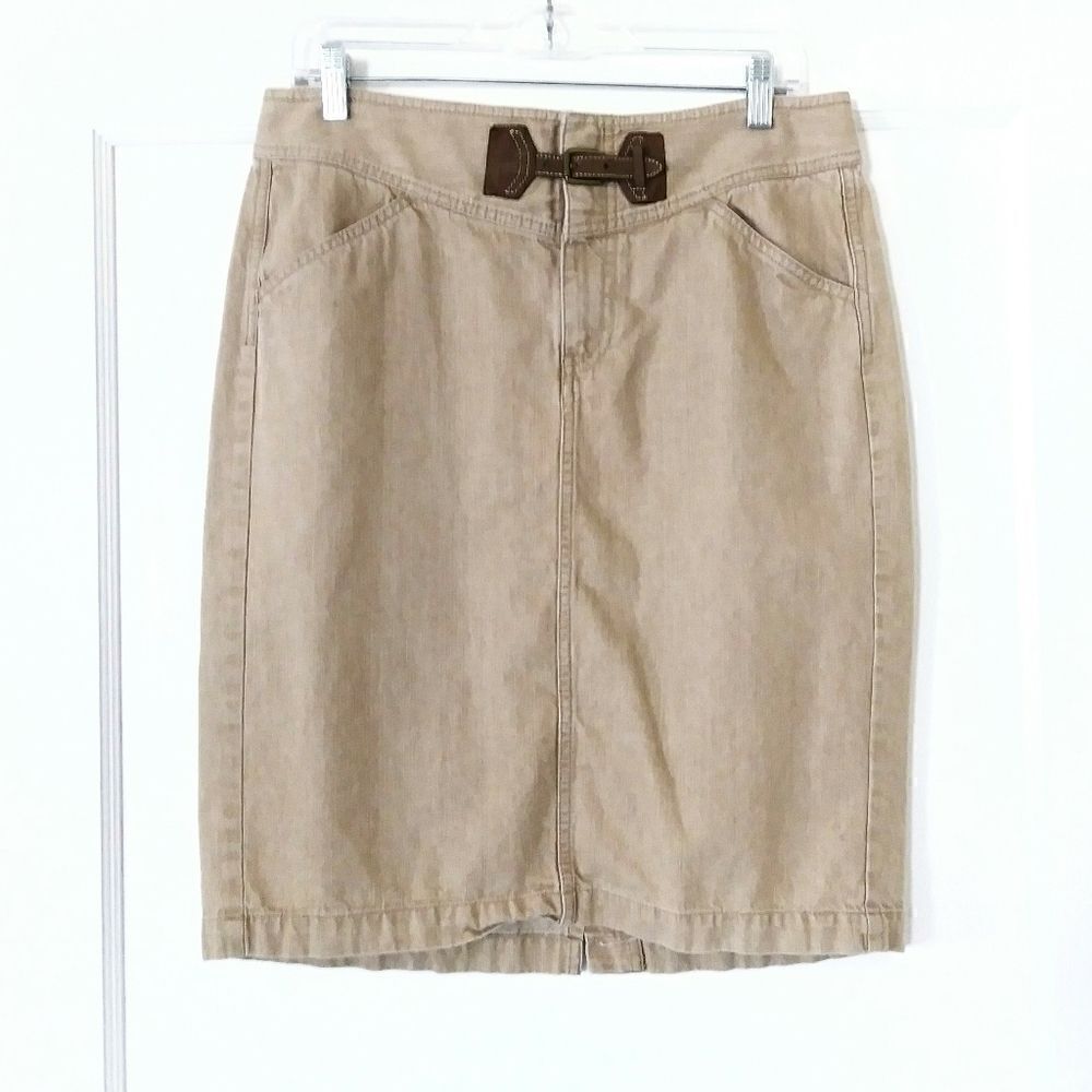 Lauren Jeans Ralph Lauren Khaki Tan Lagenlook Belted Pencil Skirt Size 8